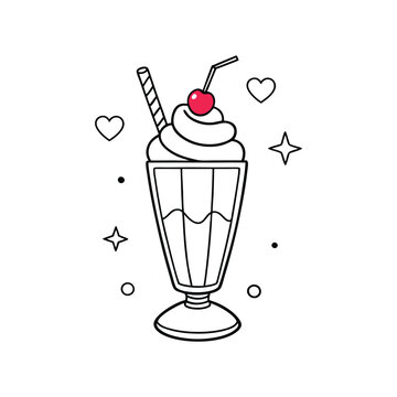 recommend clip art: Retro milkshake with cherry line art illustration