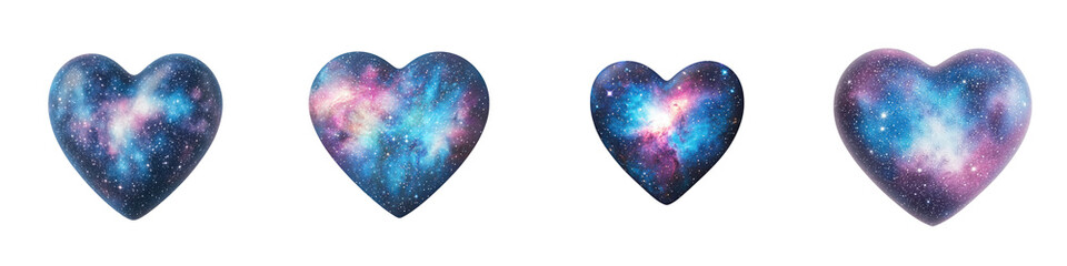 Fototapeta premium Colorful, cosmic hearts with swirling galaxy patterns in shades of blue, pink, and purple arranged in a row.
