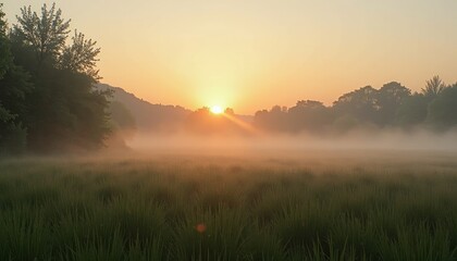 Fototapeta premium Golden Sunrise Over Misting Grassy Field with Trees