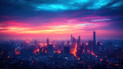Obraz premium Cityscape twilight aerial view, vibrant sunset, urban skyline, night lights, promotional use