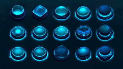 Glowing Blue Futuristic Interface Buttons on Dark Background: Sci-Fi Design Elements