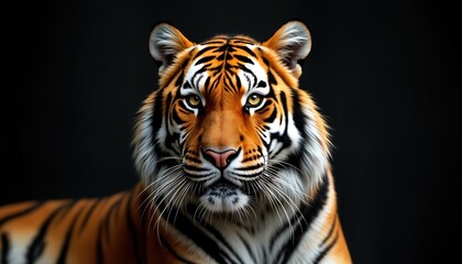 Naklejka premium Close-up portrait of tiger. Big cat stares directly at viewer. Predatory animal with orange fur, black stripes. Wild animal with determined look. Powerful mammal in jungle environment. Powerful,