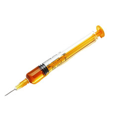 Amber liquid syringe, medical injection, white background, healthcare