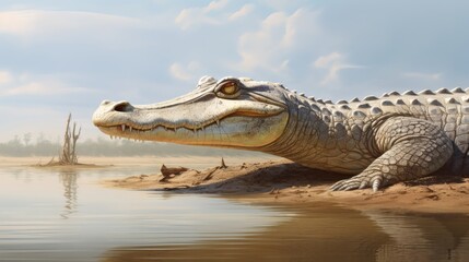 Majestic crocodile basking by the serene waters of a river in a tranquil natural environment