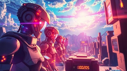 Advanced AI Robot with Illuminated Circuitry Set Against a High-Tech Urban Environment
