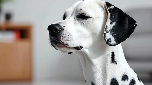 A distinguished Dalmatian dog with striking black spots in a modern home setting.