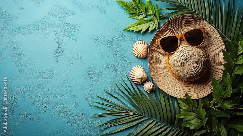 Wall mural Sunglasses, sunhat, seashell, and palm leaves on the beach with space for text or promotions