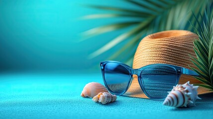 Sunglasses, sunhat, seashell, and palm leaves on the beach with space for text or promotions