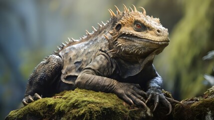 Obraz premium Lizard perched on mossy log in a lush forest under soft sunlight during early morning hours