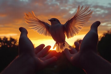 Bird landing on hands at sunset representing freedom and hope