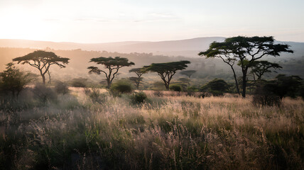 Fototapeta premium Golden Savanna at Dusk with Acacia Trees, Warm Sunset Light, and Distant Hills Softened by Heat Haze, Capturing Serenity and the Call of Wildlife
