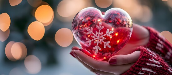 Fototapeta premium A woman holds a frozen red heart against a blurred winter background, representing icy love.