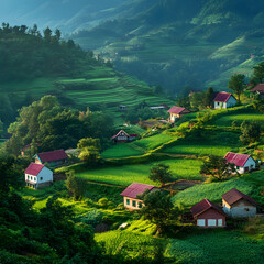 Serene Mountain Village: Picturesque village nestled in vibrant green terraced hillsides, bathed in the soft light of dawn.  Houses with red roofs dot the landscape.