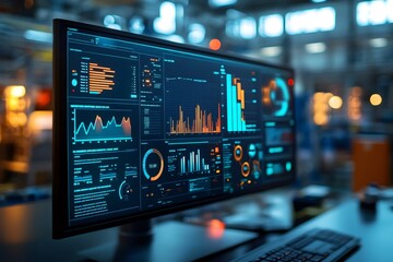 Modern computer showing graphs and statistics about company performance in factory