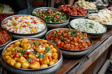 Obraz premium Indian food stall displaying variety of delicious dishes