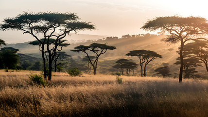 Fototapeta premium Golden Savanna at Dusk with Acacia Trees, Warm Sunset Light, and Distant Hills Softened by Heat Haze, Capturing Serenity and the Call of Wildlife