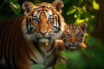 Fototapeta premium Majestic tigers basking in the sunlight while exploring lush greenery. Generative AI