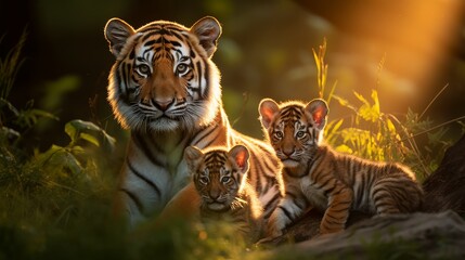 Fototapeta premium Majestic tiger family captured in soft golden light during twilight hours. Generative AI