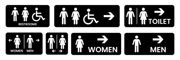 Toilet icons set. Men and women restroom icon sign right arrow. Disabled wheelchair icon. Vector Illustration
