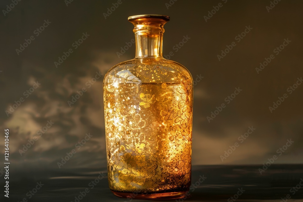 Poster elegant golden bottle gleaming on a dark surface, reflecting cloud patterns, creating a luxurious an