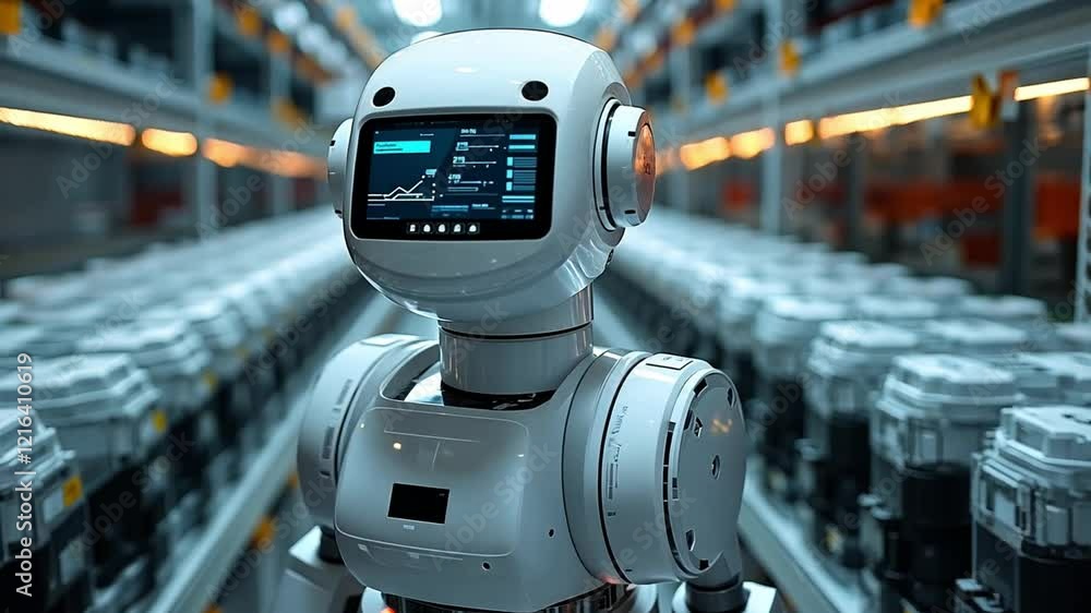 Poster an advanced robot operates within a sprawling automated warehouse in the year 2023