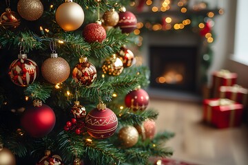 Festive Christmas Tree with Ornaments and Warm Holiday Fireplace Ambiance for Seasonal Decor