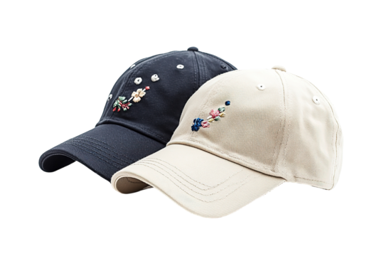 A blue hat with flowers embroidered on it. on transparent background.