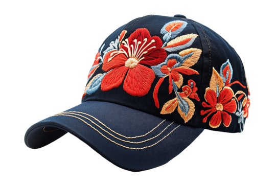 A blue hat with flowers embroidered on it. on transparent background. - Powered by Adobe