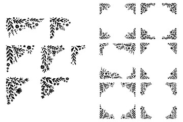 Floral Handdrawn Corner Frame Set in Retro Curl Style. Beautiful Flora Filigree Wall Art Decor. Vector Nature Illustration Isolated on White Background. Linocut Floral Ornament. Print Decoration