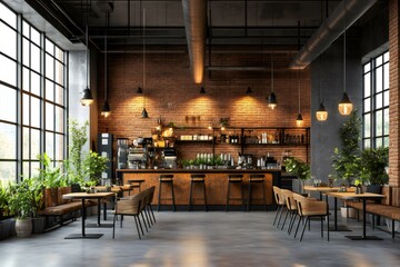 Modern coffee shop interior with exposed brick walls and industrial lighting