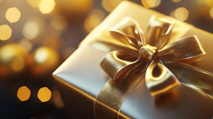 Gold Gift Box with a Shiny Bow and Bokeh Lights