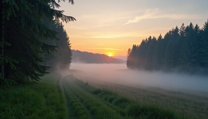 Breathtaking Sunrise Over Misty Meadow with Golden Hues and Pink, Oran, and Purple Skies