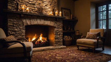 A nice fire in a cozy fireplace surrounded by wood and stone produces a warm and inviting ambiance. An appealing atmosphere is enhanced by the rustic decor and patterned carpeting illuminated by flick