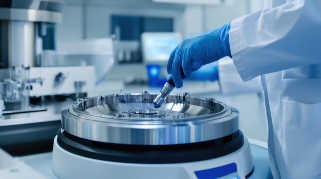 A close-up of a laboratory technician operating an advanced centrifuge with a high-tech lab setting in the background, Scientific style, photo of