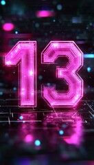 Vibrant Glowing Pink And Purple Neon Number Thirteen Against Dark Background, 3D Render.