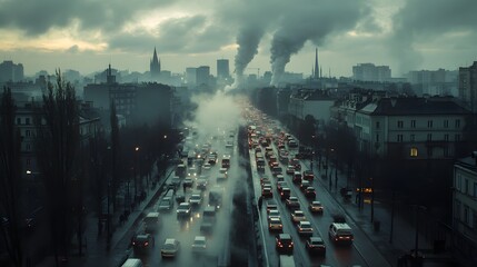 Rush hour in the city skyline with steam rising and a symphony of vehicles moving