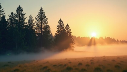 Fototapeta premium Serene Sunrise Over Misty Meadow with Tall Pine Trees and m Golden Light