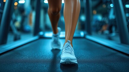 Fototapeta premium woman legs and treadmill for muscle in workout exercise with strong legs for healthy cardio gym background or anatomy of person