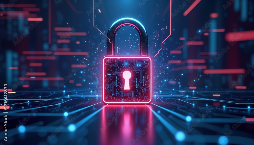 Poster cybersecurity concept. advanced tech lock protects confidential data. integrated system for online s