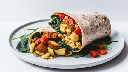 Healthy breakfast wrap filled with vegetables and protein served on a plate