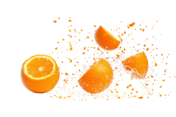 Three oranges are shown in different stages of being peeled. ,on transparent background.