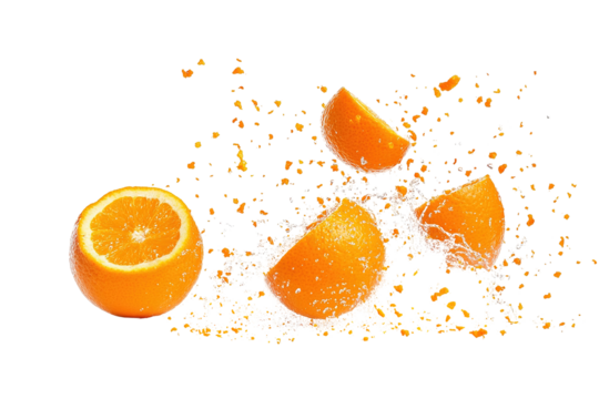 Three oranges are shown in different stages of being peeled. ,on transparent background.