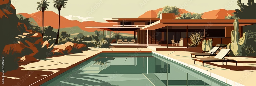 Poster stunning modern architecture by the pool with desert backdrop at sunset. generative ai