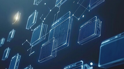 Blue network of object outlines on a dark background, likely for tech.