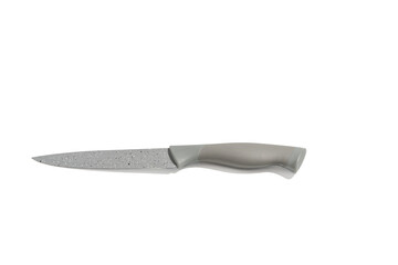 Knife with a gray handle and a gray tip. Knife lies on a white background Kitchen knife on transparent background in PNG format.