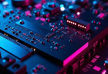Obraz premium Exploring the Intricate Patterns of a Colorful Circuit Board at Night. Generative AI