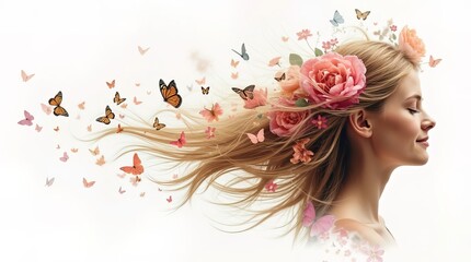 Banner of blonde long hair beautiful woman, with flowers and butterflies flying in the air with her hair on copy space white background. Happy Women's Day, Mother's Day, Beauty concept