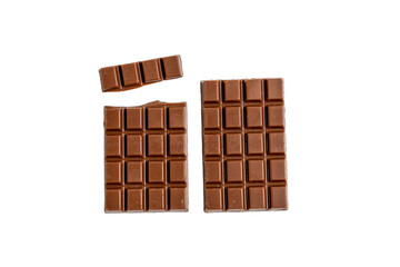 Two candy bars with squares on them. One is cut in half. There is no other one. The bars are brown. Chocolate bar on transparent background png format.