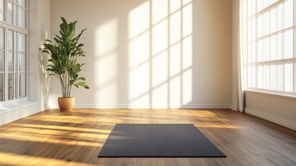 a yoga mat in a room with a plant