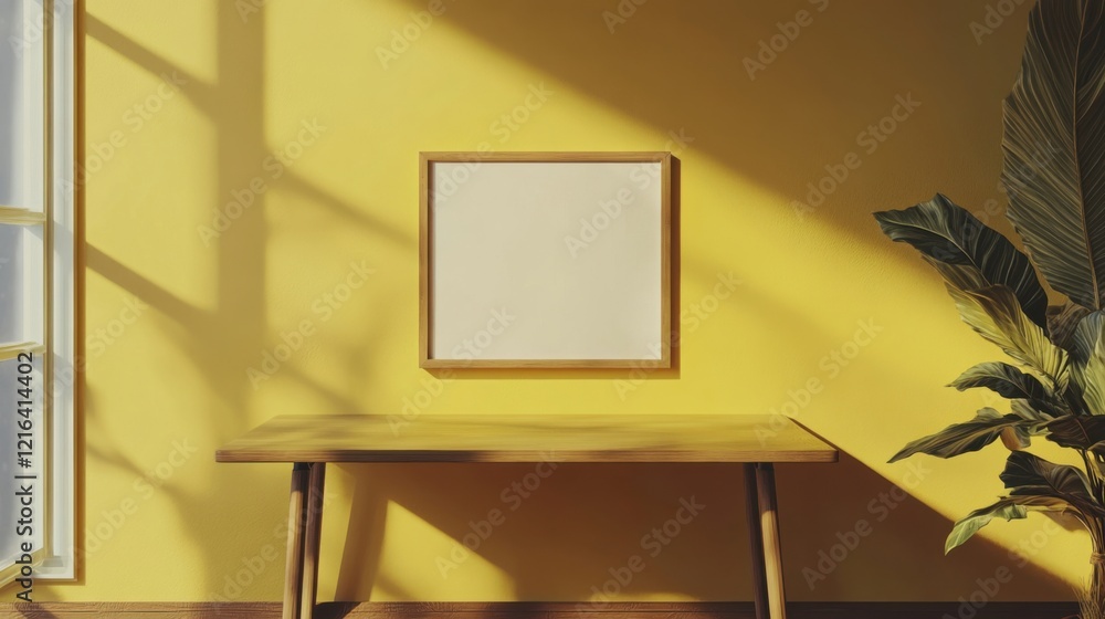 Poster a table with a picture frame on it in a room